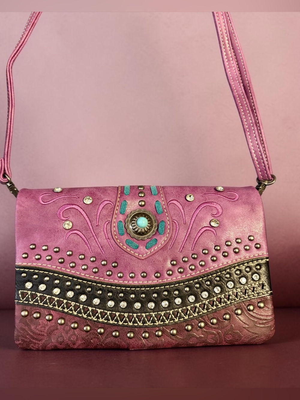 NEW!  Embellished Pink Crossbody Bag with Turquoise Accent